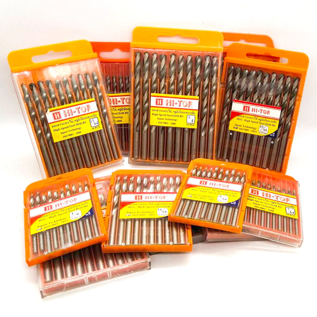+Hi-TOP ดอกสว่านเจาะไม้ เจาะอลูมิเนียมและเหล็ก ยกกล่อง x10ตัว ผลิตจากเหล็ก HSS อย่างดี แข็งแรง
