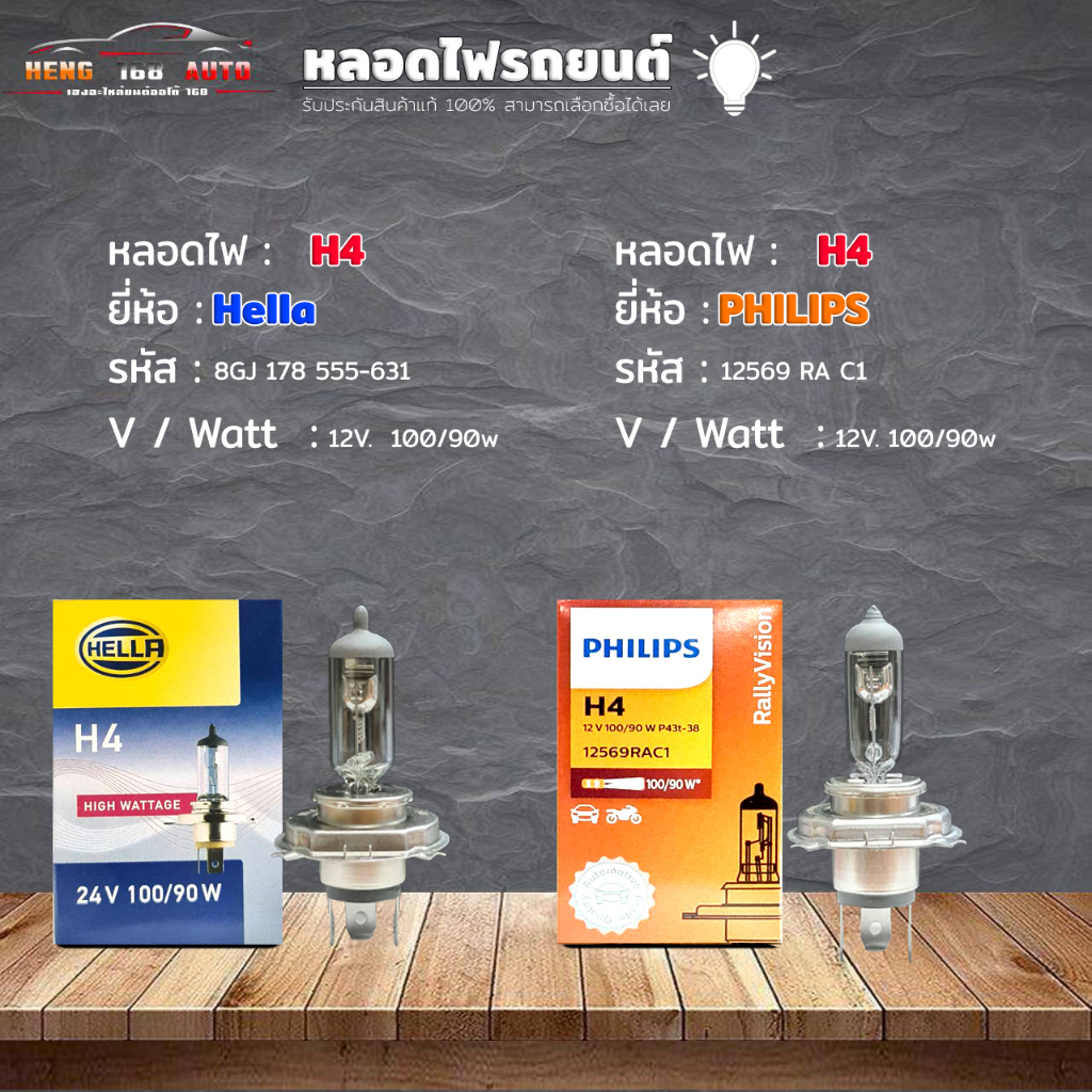 หลอดไฟ H4 หลอดไฟติดรถยนต์ ยี่ห้อ Hella รหัส 8GJ 178 555-631 / Philips  รหัส 12569 RA C1  H4  12v. 10