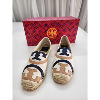 รองเท้าคัทชู รองเท้าส้นแบน ทอรี เบิร์ช Poppy Espadrille Canvas Calf Leather US 7.5