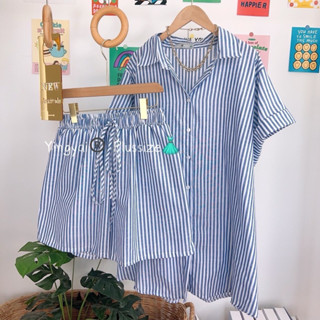 Zara Set 🩵🍨🧸🍪 เซทเชิ้ตแขนสั้น ผ้าcotton💯ผสมลินินทอลายริ้วสาวอวบ