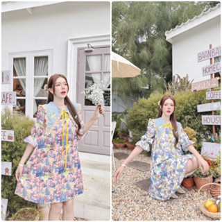 🔥🔥NEW ARRIVAL🔥🔥  มินิเดรส พิมลายน่ารัก แต่งคอปกใหญ่ ปกปักผูกโบ เดรสใส่สบายๆ  TAG ::BRT BRAND