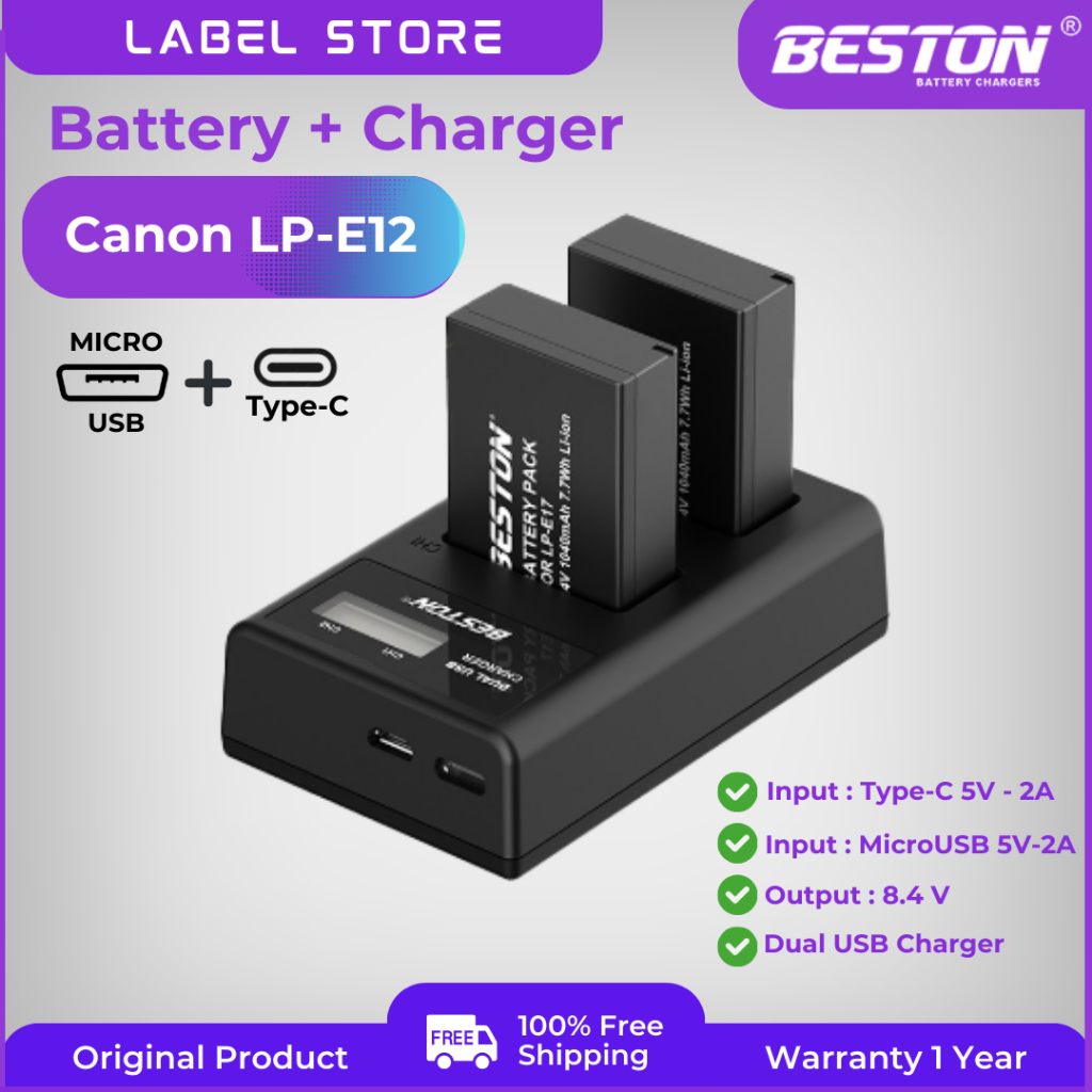 แบตกล้อง Canon LP-E12 + แท่นชาร์จ(Type-C/MicroUSB) สำหรับกล้อง Canon EOS M10, M50, M200, M100, 100D,EOS M,EOS M2