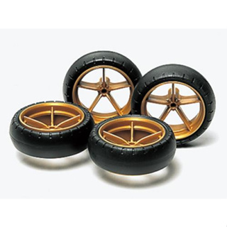 ล้อใหญ่5ก้าน สีทอง + ยางโดนัทซอฟ Tamiya 15368 – Large Dia. Narrow Lightweight Wheels (w/Arched Tires)