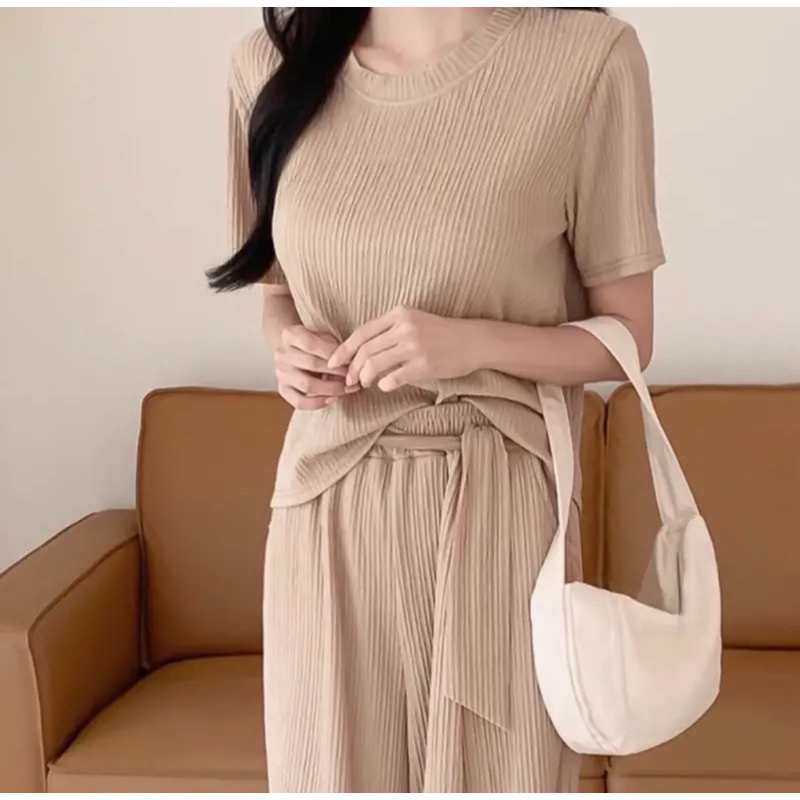ชุดเซ็ต ผ้าเปลือกไม้ขายาวสีพื้น ผูกเอว