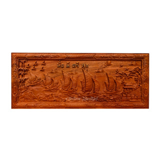 ไม้ประดู่แกะสลัก รุ่น NC-01 เรือสำเภา มั่งมี ศรีสุข ขนาด 19x46 Cm.