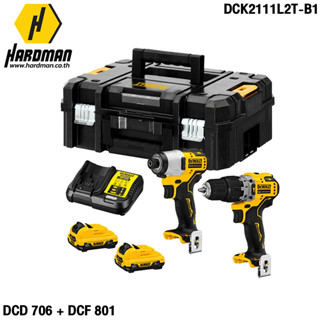 ชุดคอมโบ DeWALT DCK2111L2T-B1 [DCD706 + DCF801] สว่านกระแทก + ไขควงกระแทก