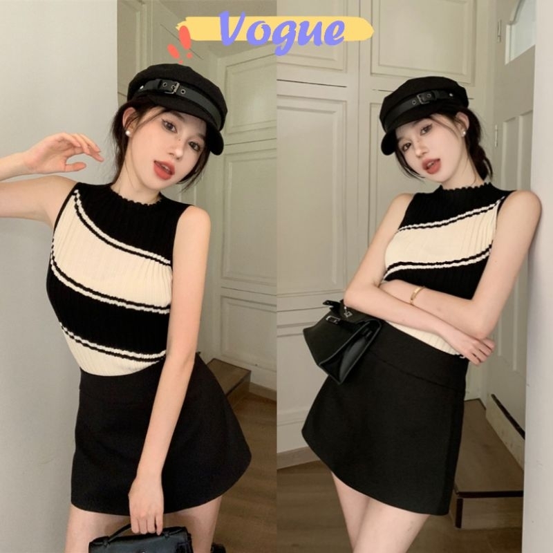 Vogue พร้อมส่ง กล้ามไหมพรม ลายทางใหญ่ (ขายแค่เสื้อ) ดีเทลผ้าร่อง (54170) -C