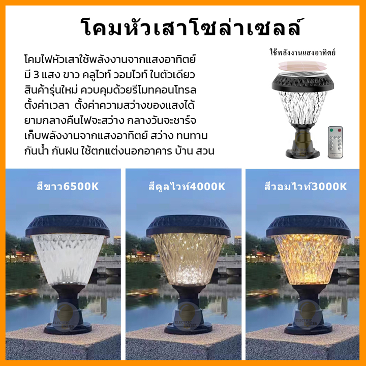 โคมหัวเสาโซล่าเซลล์ โคมไฟหัวเสา ไฟLED Solar light LED Solar Cell 3สี ขาว คูลไวท์ วอมไวท์ ในตัวเดียว