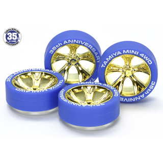 ล้อกลางสีทอง+ยางฮาทสีน้ำเงิน Tamiya 95098 - 35th Anniversary Blue Tires &amp; Gold Plated A-Spoke Wheels หายากค่ะ