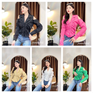 🌸cha-nee shop🌸 เสื้อครอปแขนยาว เว้าเอว เว้าไหล่  แต่งด้านหน้าจีบช่วงอก สวยเก๋