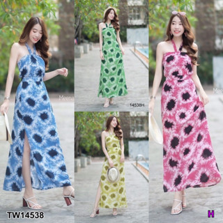 TW14538 Set 2 ชิ้น เสื้อเกาะอกสายผูกคอ+กระโปรงยาว