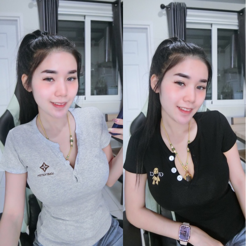 เสื้อยืดรัดรูปป้ายนมโต/คอกระดุม#ปักลาย#มีบริการเก็บเงินปลายทาง