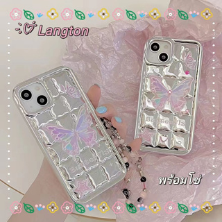 🌈Langton🌸สไตล์สร้อยข้อมือ สีเงิน ผีเสื้อ หวานสวย iphone 11 14pro max ป้องกันการหล่น ขอบเต็ม case for iPhone 12 13