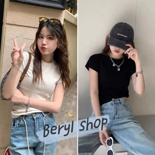 Beryl🌻เสื้อท่อนบน🍒เสื้อเชิ้ตคอกลมสีดำสั้นเวอร์ชั่นบาง ๆ ผ้าฝ้าย