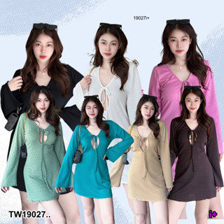 👗Pfashion [ส่งไว!!🚛] P19027 มินิเดรส แขนยาว แหวกตรงอก ผุกโบว ..