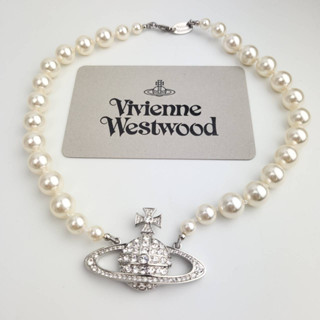 สร้อยคอมุก Vivienne Westwood Chocker รุ่น One Row Pearl Bas Relief Chocker / Platinum Crystal Brass