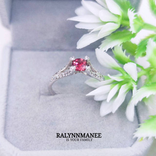 R6472 แหวนพลอยโกเมนโรโดไลต์แท้ ( Rhodolite garnet ) ตัวเรือนเงินแท้ 925 ชุบทองคำขาว ไซส์ 53 แก้ไซส์ฟรี