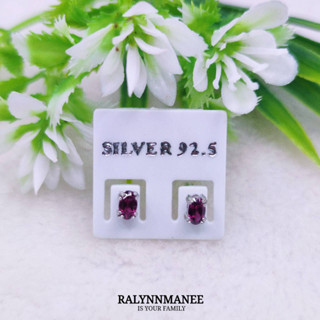 E6402 ต่างหูพลอยโกเมนโรโดไลต์แท้ ( Rhodolite garnet ) ตัวเรือนเงินแท้ 925 ชุบทองคำขาว