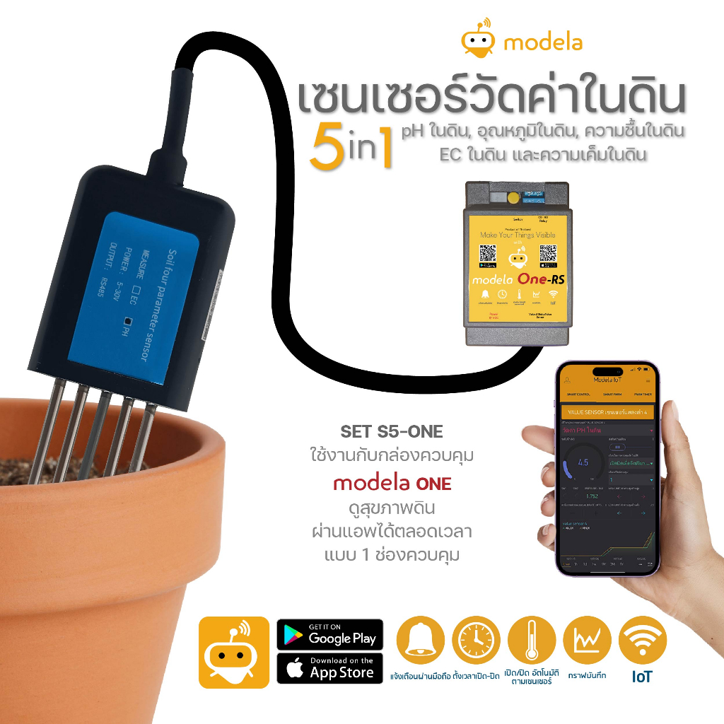 เซนเซอ์วัดค่าในดิน 5 in 1 PH EC ในดิน อุณหภูมิในดิน ความชื้นในดิน