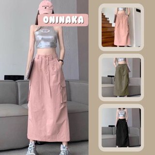 Oninaka กระโปรงยาว เอวสม็อค มีซิปกระดุมมีเชือกเเต่งปรับไซส์ JR-967#
