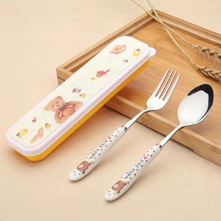 พร้อมส่ง💕 ชุดช้อมส้อมสแตนเลส พร้อมกล่อง ลายการ์ตูน ชุดช้อนส้อมพกพาเด็ก| Bluerubystore