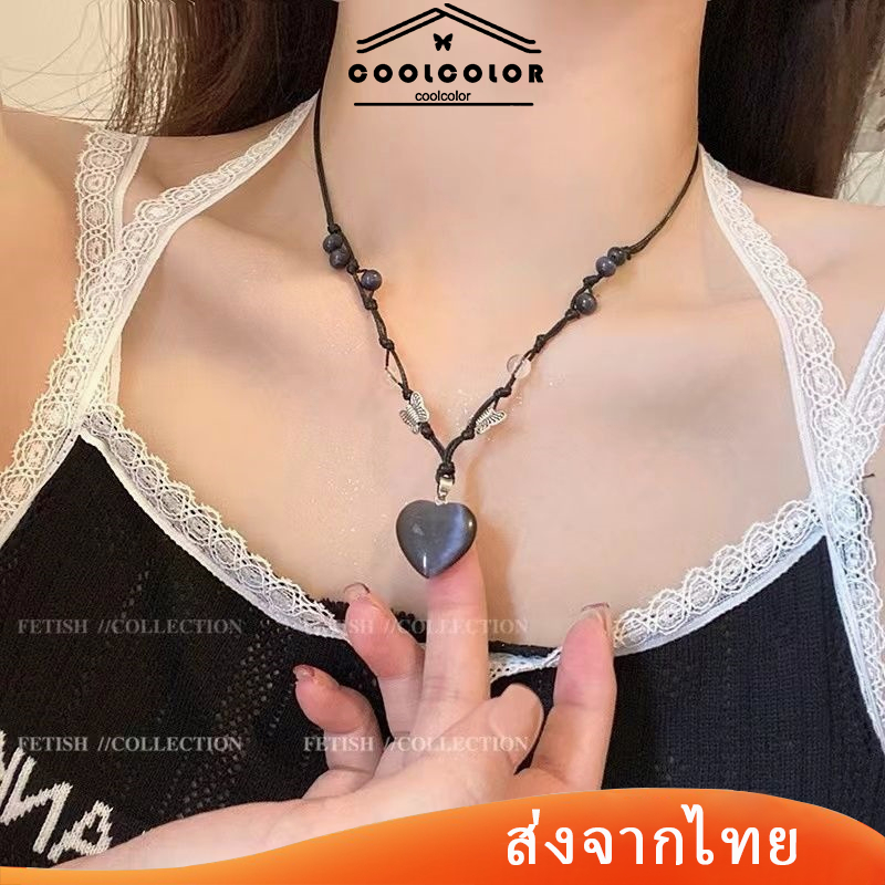ในไทย❤️สร้อยคอจี้ลูกปัดหินหัวใจสีดําปรับได้ไหปลาร้าแฟชั่นสําหรับผู้ชายและผู้หญิงขายส่งของขวัญวันเกิดCOD