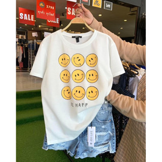 เสื้อยืดแขนสั้นคอกลม Forever 21 แต่งลาย Smiley x Be Happy รุ่นนี้น่ารักสุดๆ 😊😊