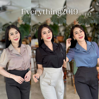 Everything2019 ⚡(1915) เสื้อคอเชิ้ตคอปกแขนสั้นซีทรู สีสวยผ้าสบาย เสื้อทำงานผู้หญิง