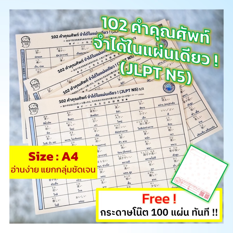 JLPT N5 102 คำคุณศัพท์ภาษาญี่ปุ่น จำได้ในแผ่นเดียว ! ขนาด A4 (พร้อมเคลือบ) ฟรี! กระดาษโน๊ต (จำนวนจำกัด)