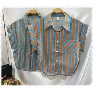 เสื้อเชื๊ตแฟชั่น ลายทางทูโทน ข้างเอวยืด แขนเบิ้ล