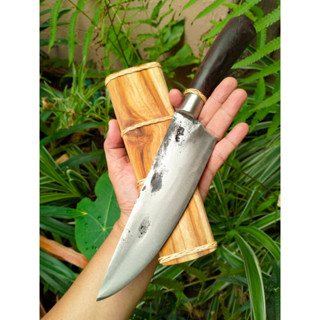 มีดแคมป์ปลายแหลม (Camping knife) มีดสนาม มีดพก เดินป่า 7.4” SUP9 ผิวไฟ ด้ามไม้สาธร ฝักไม้สัก รัดหวายถัก คอกั่นมีดสแตนเลส