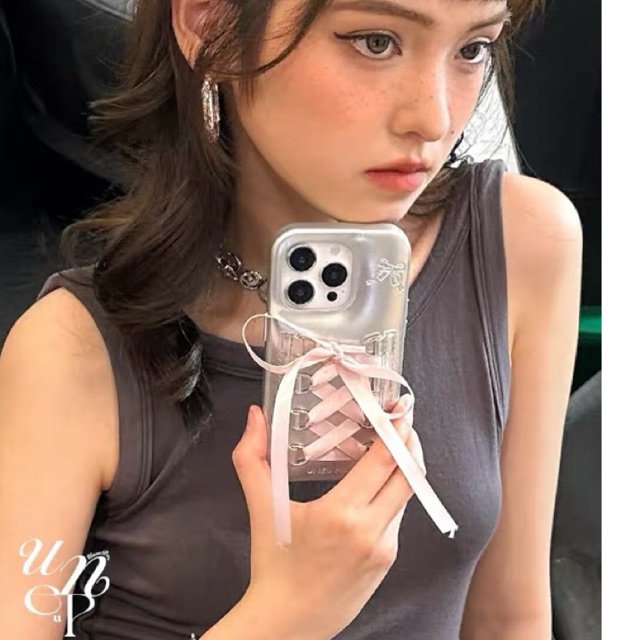 (พรี)Uneupeu Ribbon sliver hard phone case เคสไอโฟนเงินผูกโบว์ได้