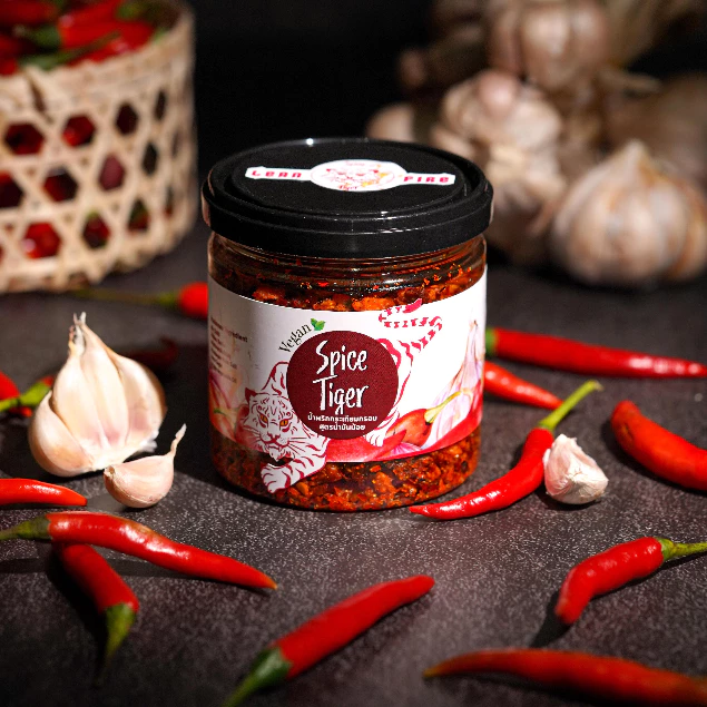 น้ำพริกกระเทียมกรอบน้ำมันรำข้าว สูตร LEAN เผ็ดมาก น้ำมันน้อย Spice Tiger Vegan ไม่มีส่วนผสมของหมู น้ำพริกเสือเผ็ด