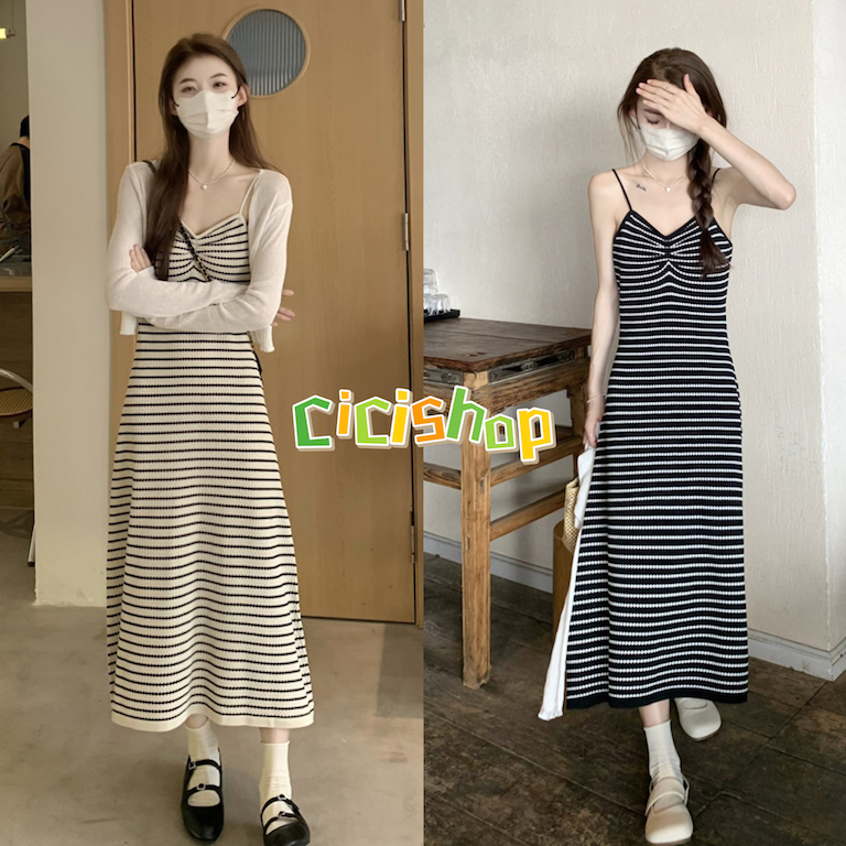 Cicishop(28107)เดรสยาวสายเดี่ยว ผ้าไหมพรมลายทาง ฟีลเกาหลีเกาใจ ผ้าดีมากกกก น่ารักสุดๆ