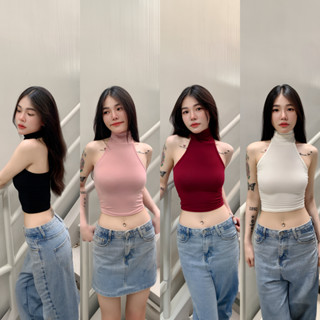 🌈 SpinnyHouse 🌈เสื้อครอป แขนกุด ทรงคอเต่า 🎪 ผ้าเรย่อน ยืดเยอะมาก เก็บทรงหุ่นสวย สไตล์ y2k   รุ่น b28 กุดสโลป M302A