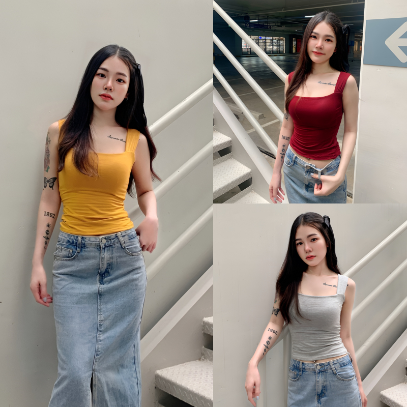 SpinnyHouse เสื้อครอปกล้าม ทรงคอเหลี่ยม ผ้าเรย่อน ทรงสวย ผ้าแบบ 2 ชั้น รุ่น 192 กล้ามเรย่อน M202A