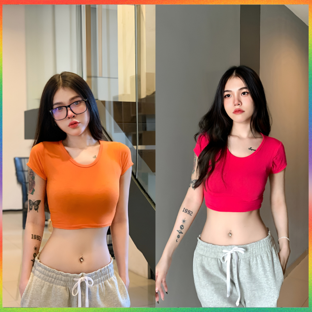 🌈 MesubShop 🌈ครอปแขนสั้น คอกลม ผ้าเรย่อน 🍎 ยืดเยอะม้าก รุ่น ครอปเรียบ B-045-3-AAAA
