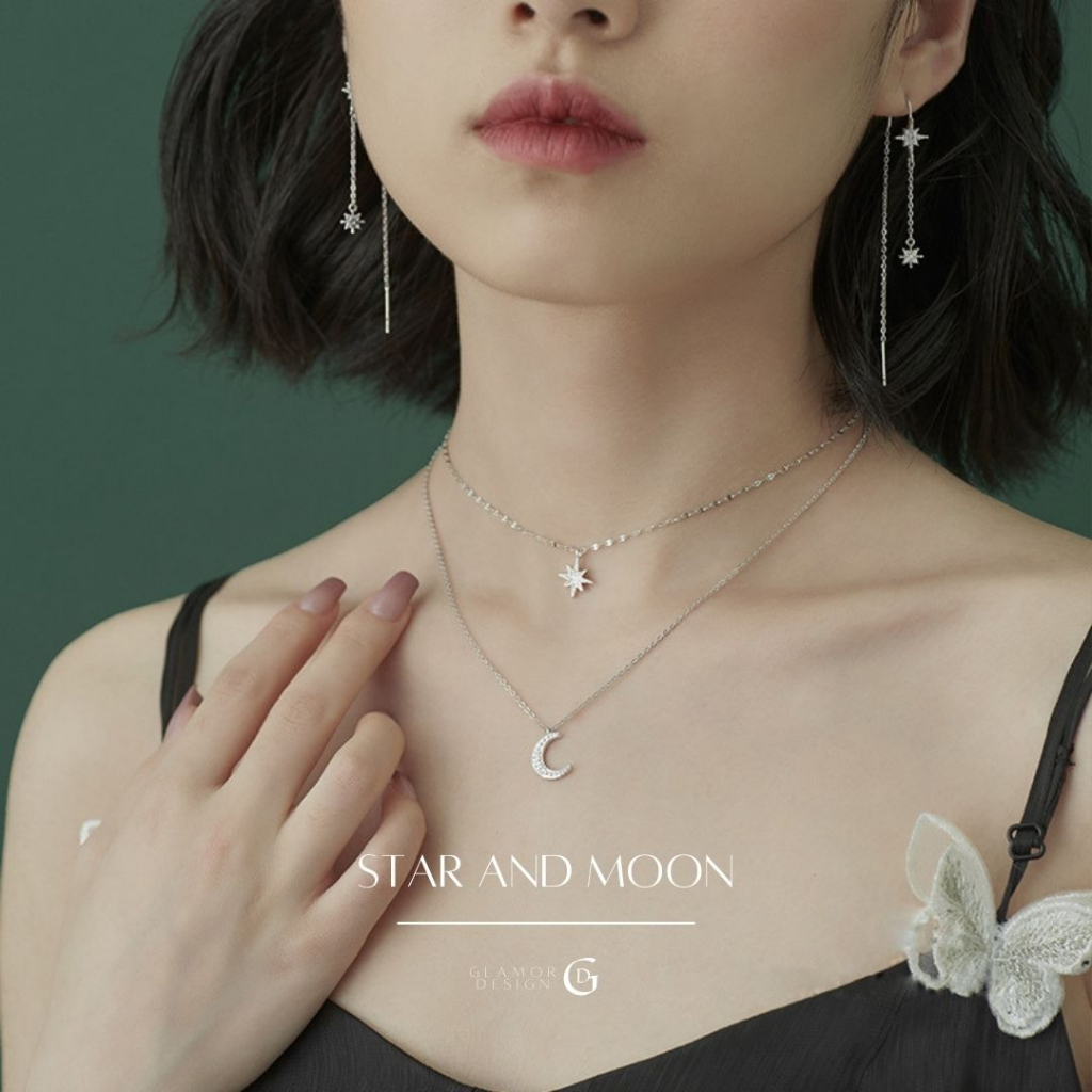 GLAMOR สร้อยคอเงินแท้ Star And Moon จี้เพชร สร้อยคอแฟชั่น สร้อยคอสวยๆ ของขวัญให้แฟน สไตล์ใหม่
