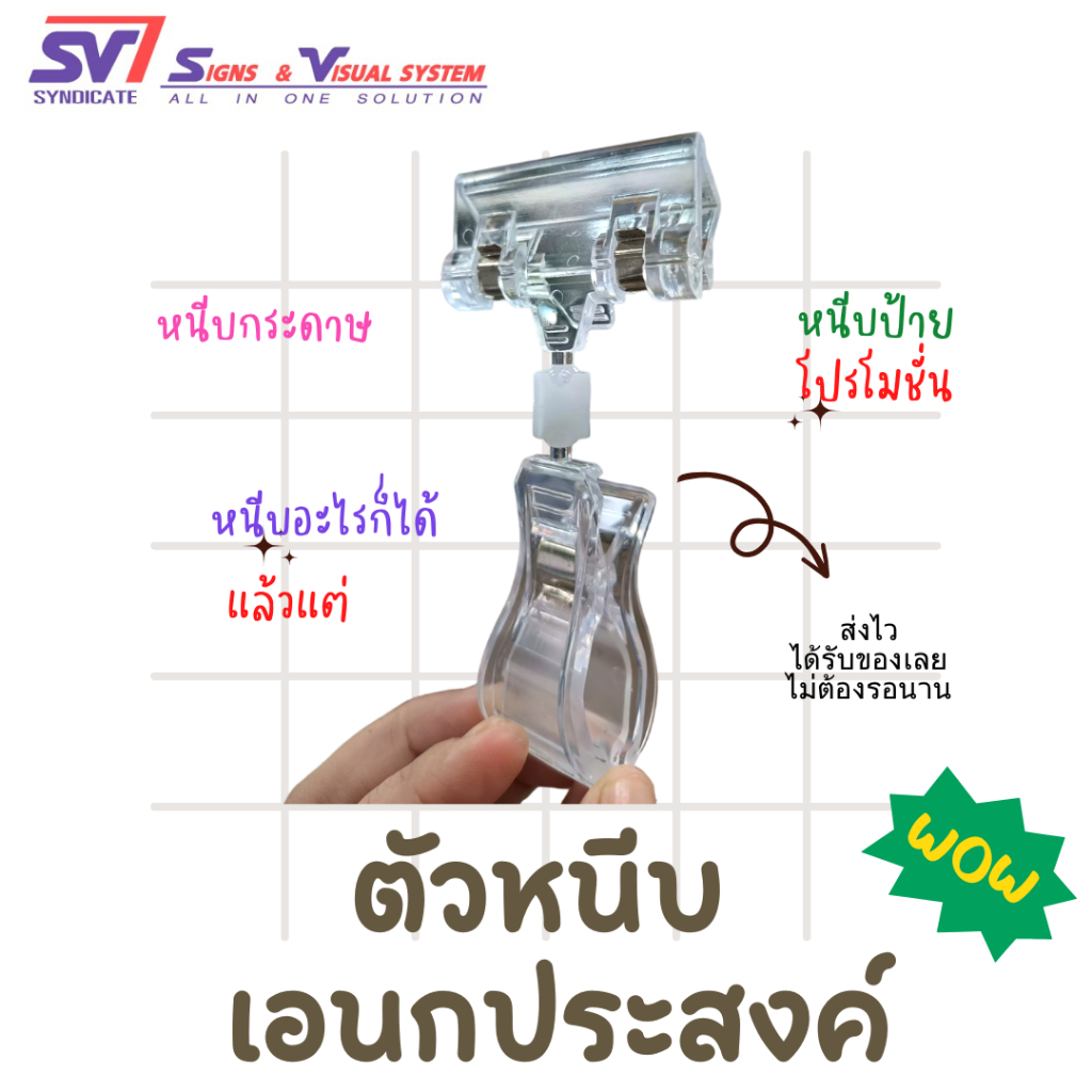 ตัวหนีบป้าย ตัวหนีบอเนกประสงค์,สีใส,หมุนได้ 360องศา ปากใหญ่-ปากเล็ก 2in1 หนีบได้ 2 ด้าน