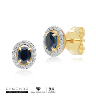 Gemondo ต่างหูทองคำ 9K ประดับไพลิน (Blue Sapphire) สไตล์คลาสสิกทรงรีเพชรล้อม ดีไซน์สตัด : gemstone earrings ต่างหูพลอย