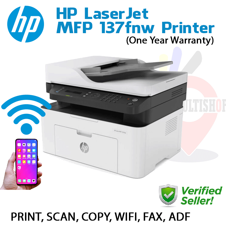 เครื่องปริ้น HP LaserJet MFP 137FNW (4ZB84A) Printer เลเซอร์พริ้นเตอร์ เครื่องพิมพ์พร้อมหมึกแท้ 1 ชุ