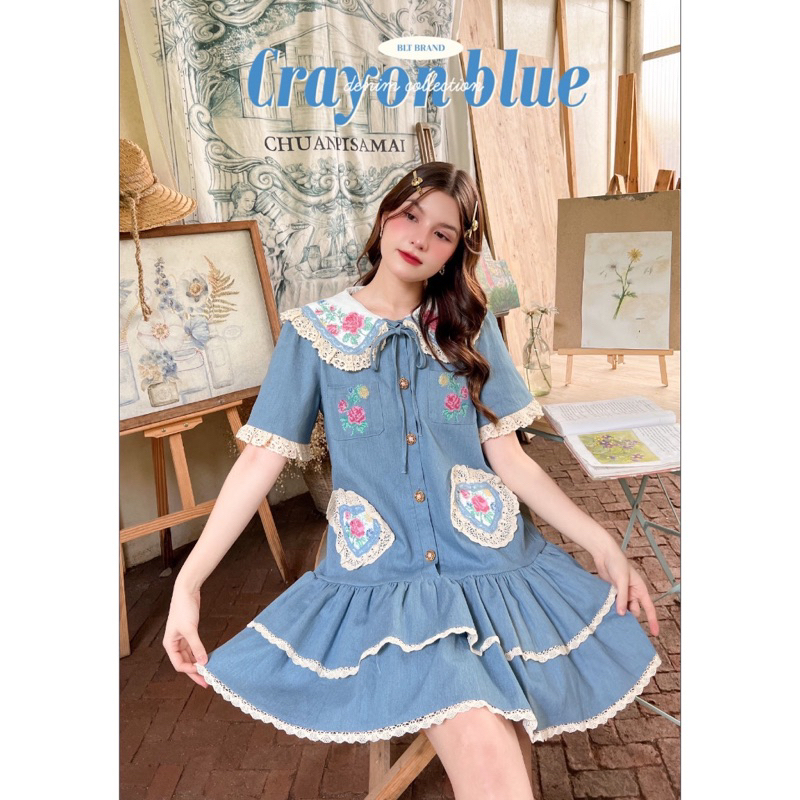 BLT : Crayon blue: Mini Dress 💙🌷มือ1 Sz.Free Size