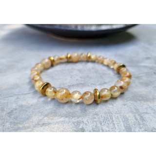 (ราคาพิเศษ)กำไลหิน หินไหมทอง Golden Rutilated Quartz ร้อยกับ เฮมาไทต์