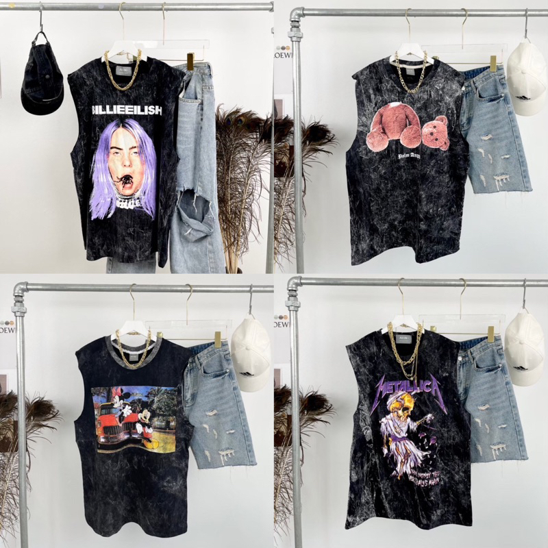 HMWE _SHOP เสื้อยิด แขนกุด งานผ้าฟอก ทรง Oversizeลายวง ลายวินเทจ ลายน่ารักผ้าดี Sise อก 44-46"ยาว 28"ใส่ไดัทั้งชาย หญิง