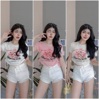 🌸cha-nee shop🌸 🐰 Crop Top รูดข้าง สกรีนน้องกระต่าย +แต่งขอบลูกไม้ ทรงสวย