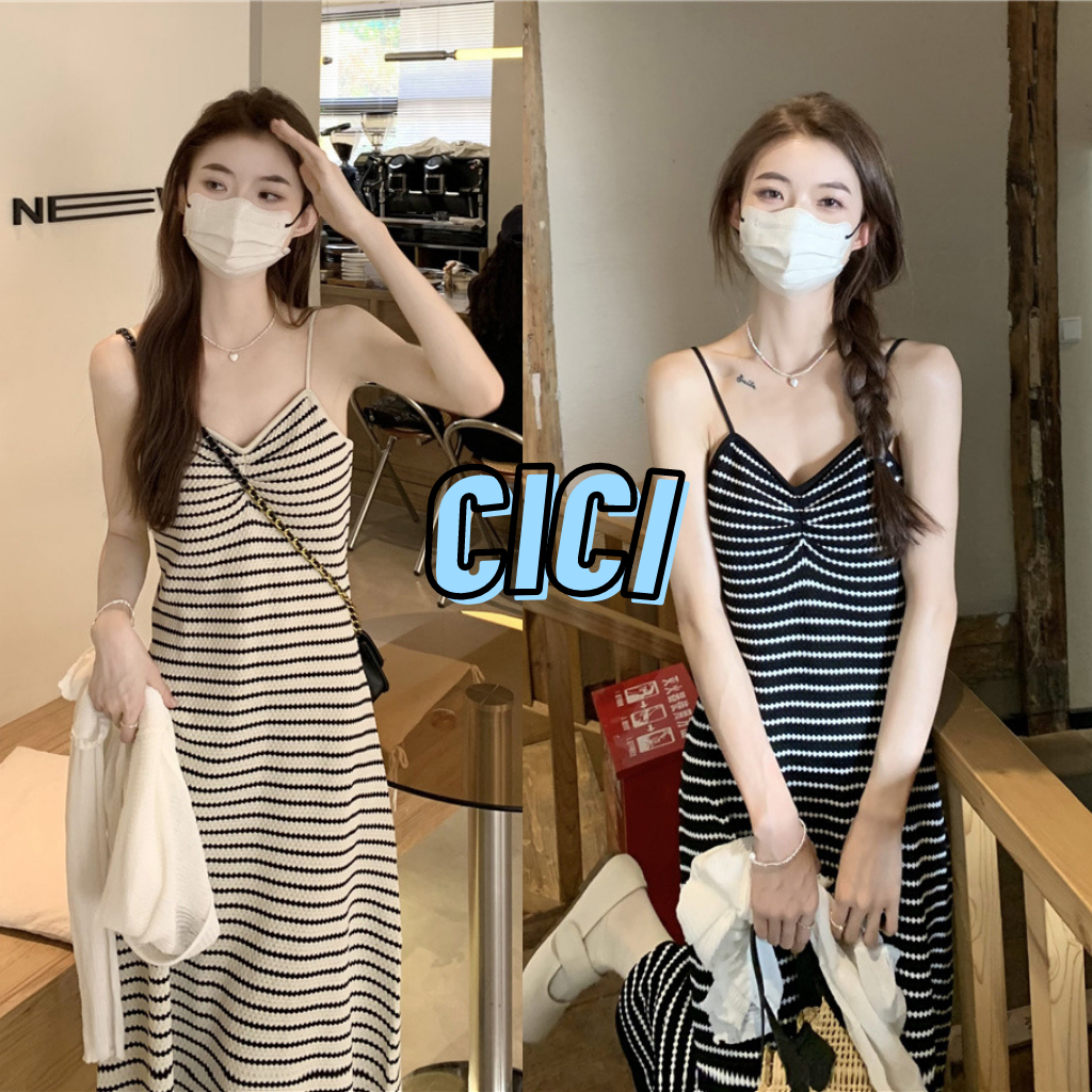 Cici(NO.28107)เดรสยาวสายเดี่ยว ผ้าไหมพรมลายทาง ฟีลเกาหลีเกาใจ ผ้าดีมากกกก น่ารักสุดๆ