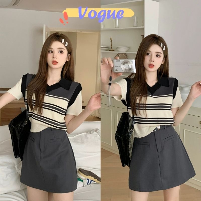 Vogue พร้อมส่ง เสื้อไหมพรมคอวี แขนผ้าชีฟอง ลายทางน่ารักมาก (5796-1) -C