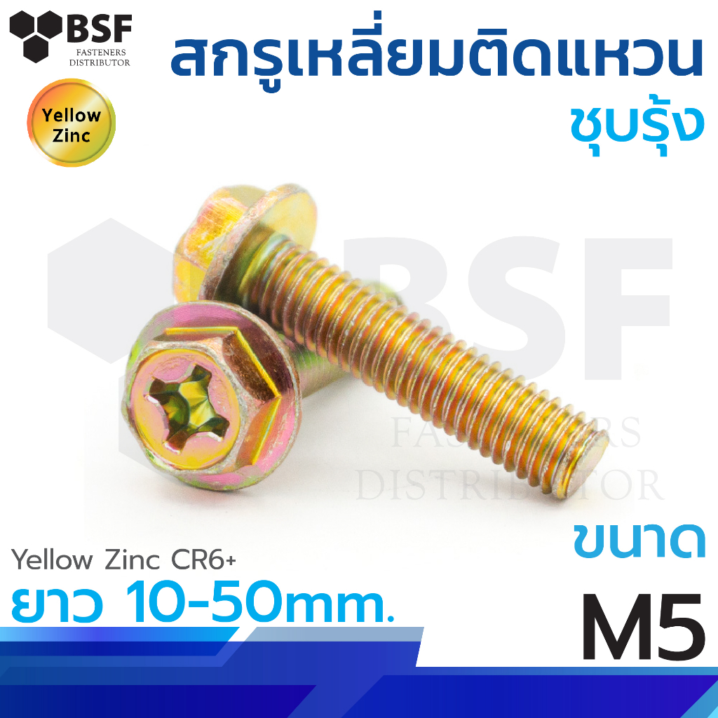 สกรูเหลี่ยมติดแหวนชุบรุ้ง M5-0.8 (น็อต #8) ทุกความยาว