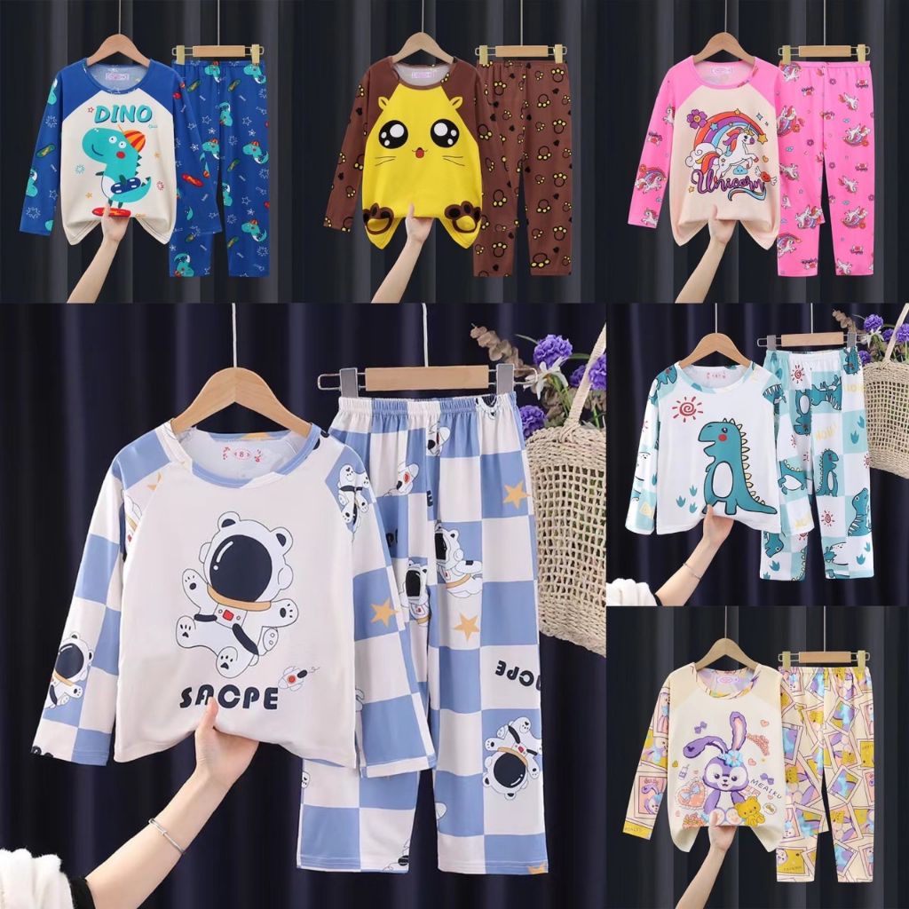 ใหม่ ชุดนอนเด็ก แขนยาวขายาว สีสดมาก ใส่นอนแอร์ได้ พร้อมส่งจากไทย