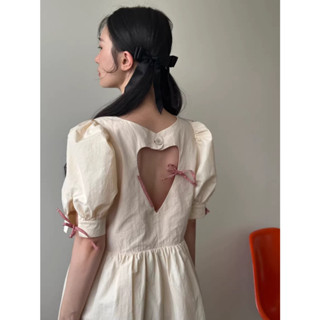 CHAWY  Beige heart dress 🍩🌷 C3938 เดรสยาวมินิมอล เดรสยาวมินิมอลแขนพอง